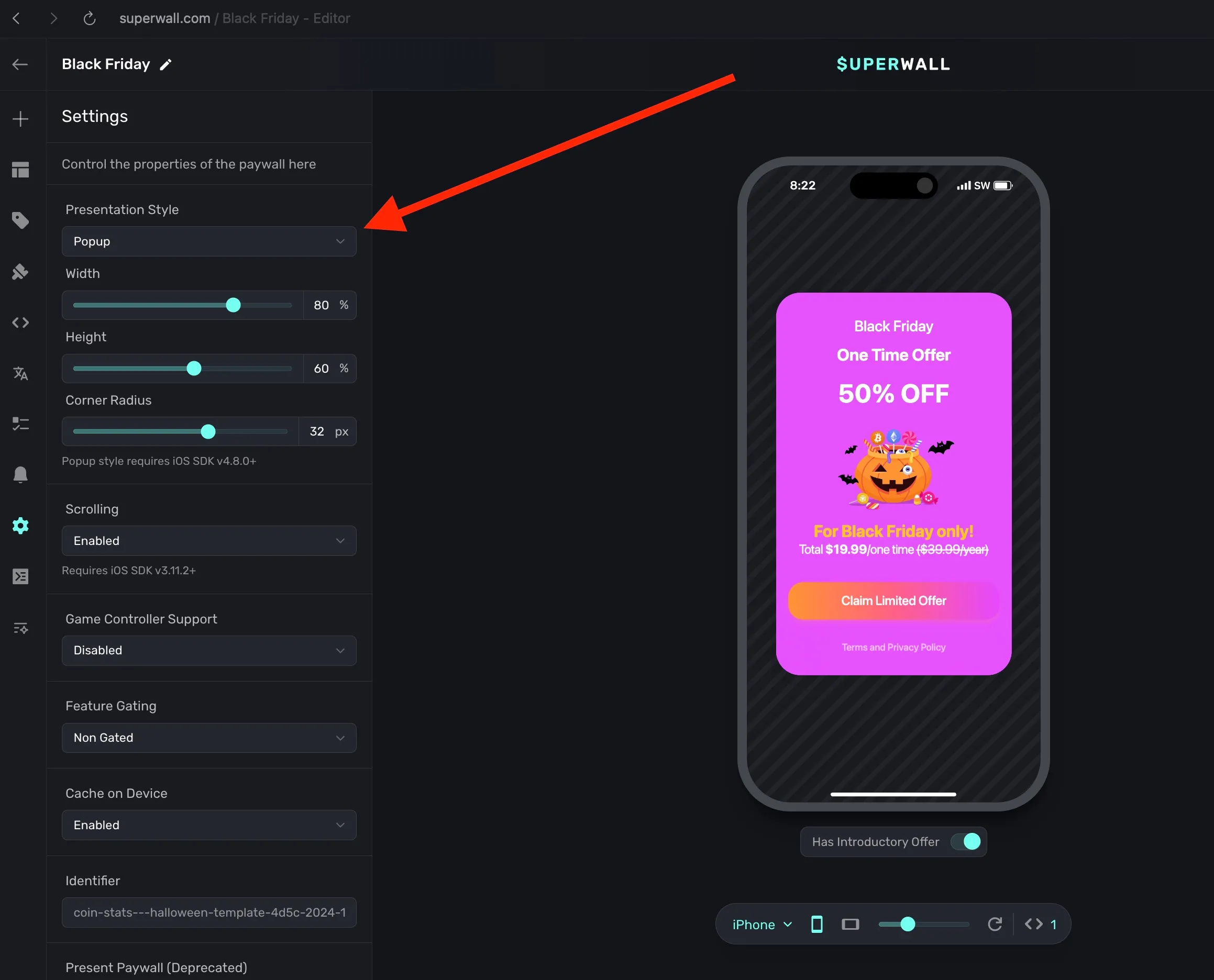 Choose "Popup" under "Presentation Style"