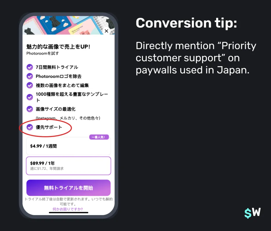 A paywall shown in Japan emphasizing Priority Support