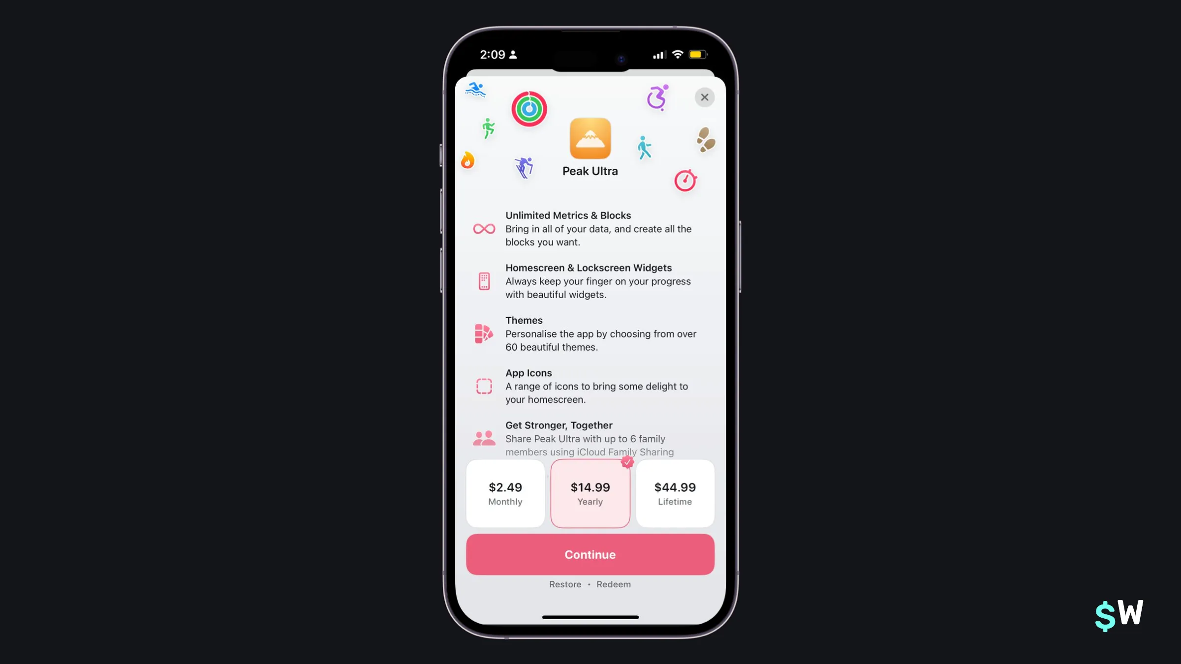 Peak paywall combining a feature list with all pricing options