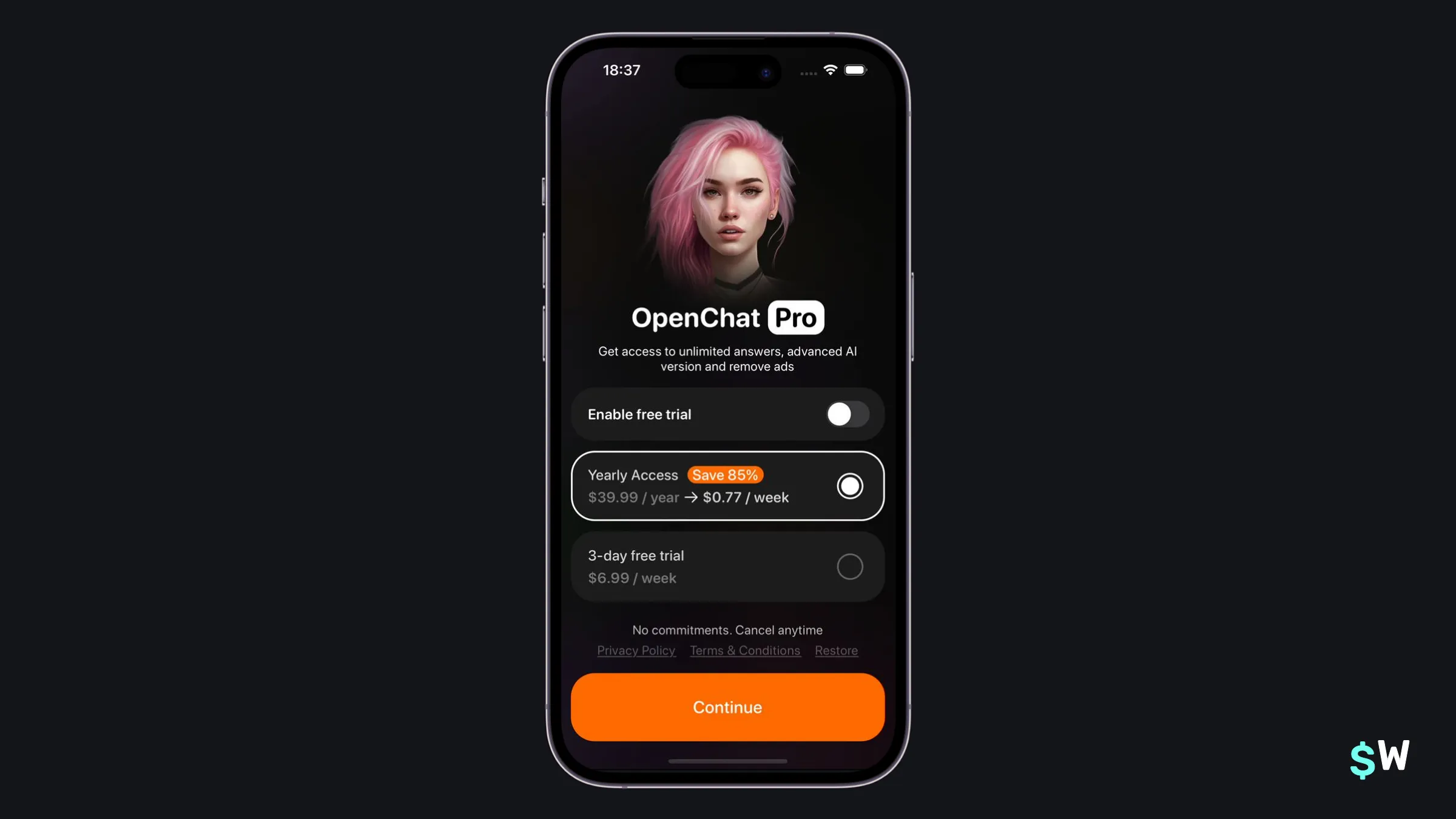 OpenChat paywall with a free trial toggle