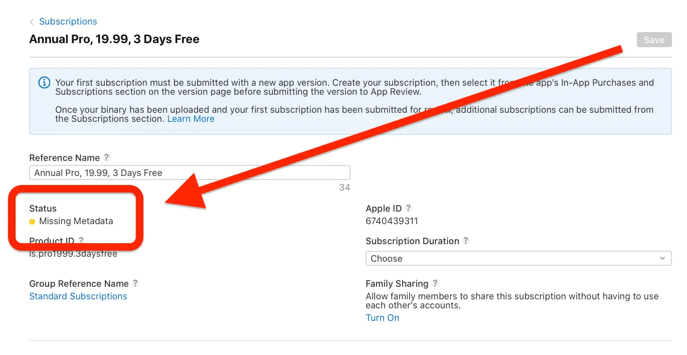 A product showing Missing Metadata status in App Store Connect