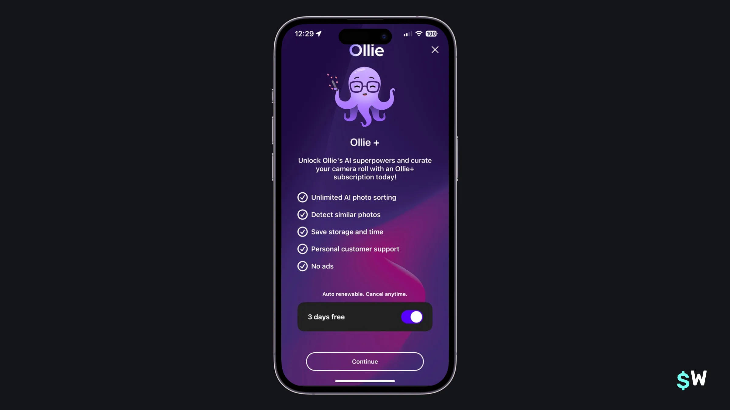 Ollie paywall featuring its octopus mascot and a trial toggle