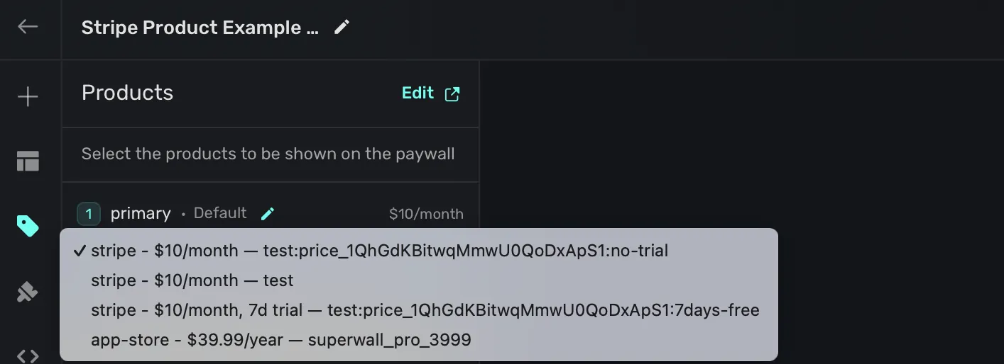 The Superwall product selector showing Stripe products alongside App Store products