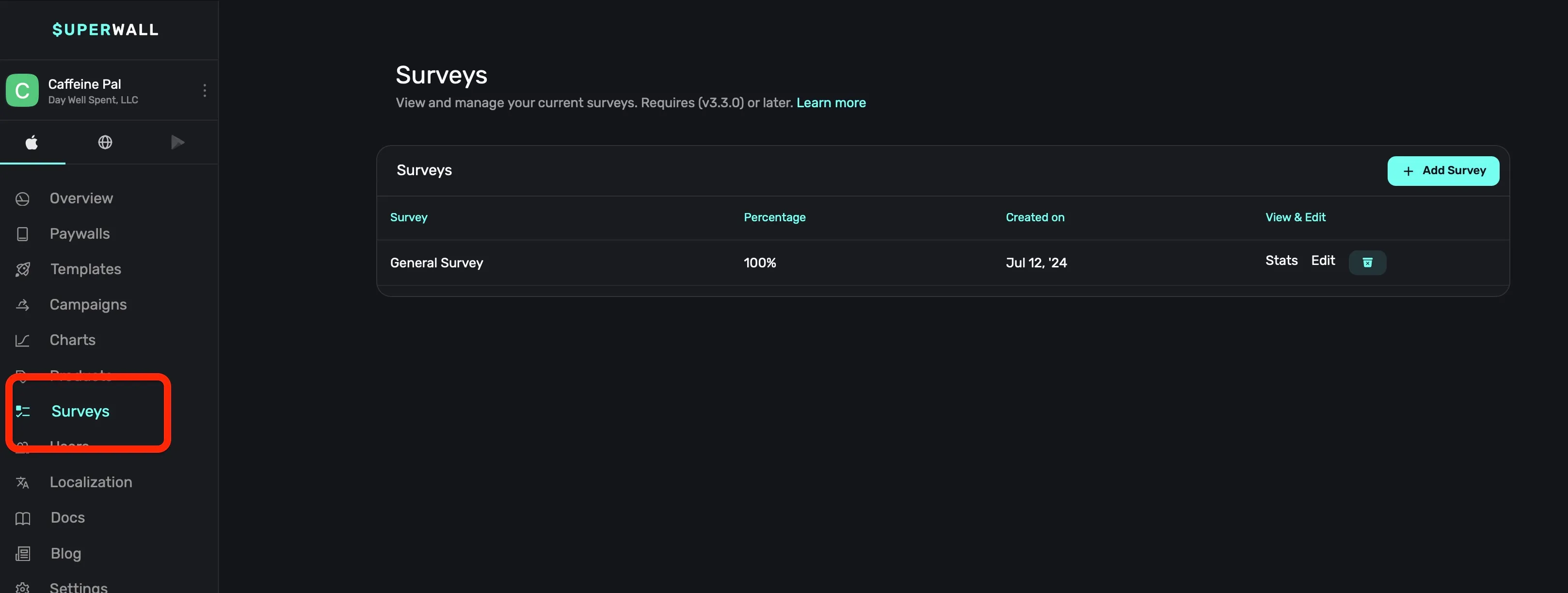 Manage your surveys in the Superwall dashboard.