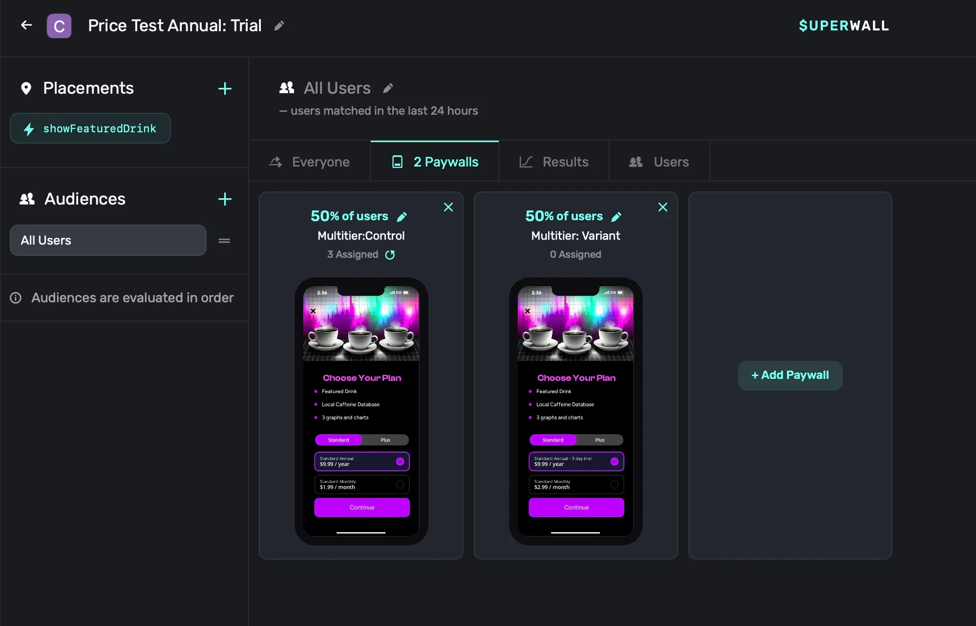 Two paywalls being tested, each with different products