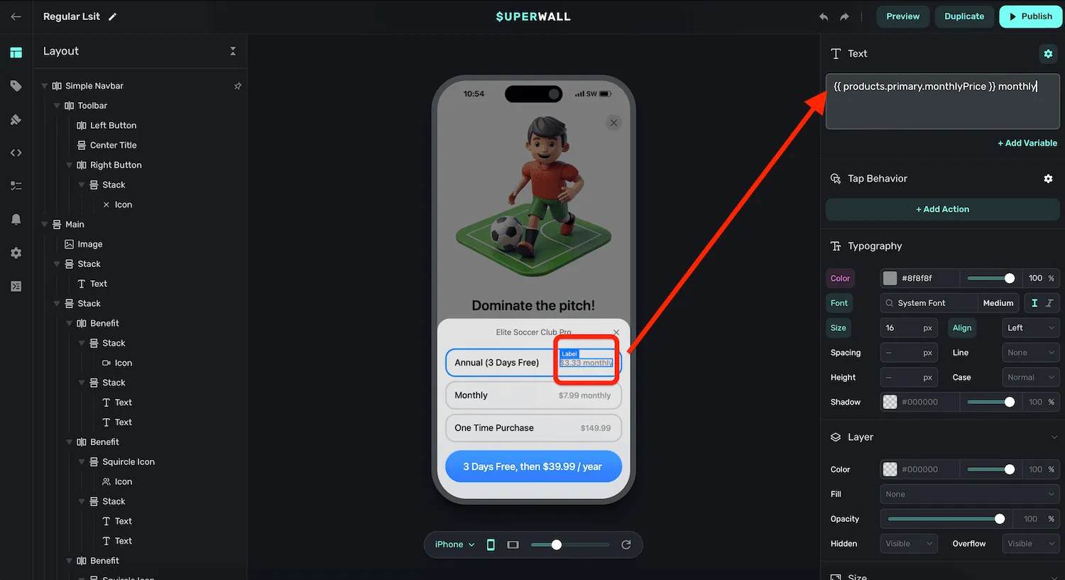 A Superwall paywall text control using the products.primary.monthlyPrice variable