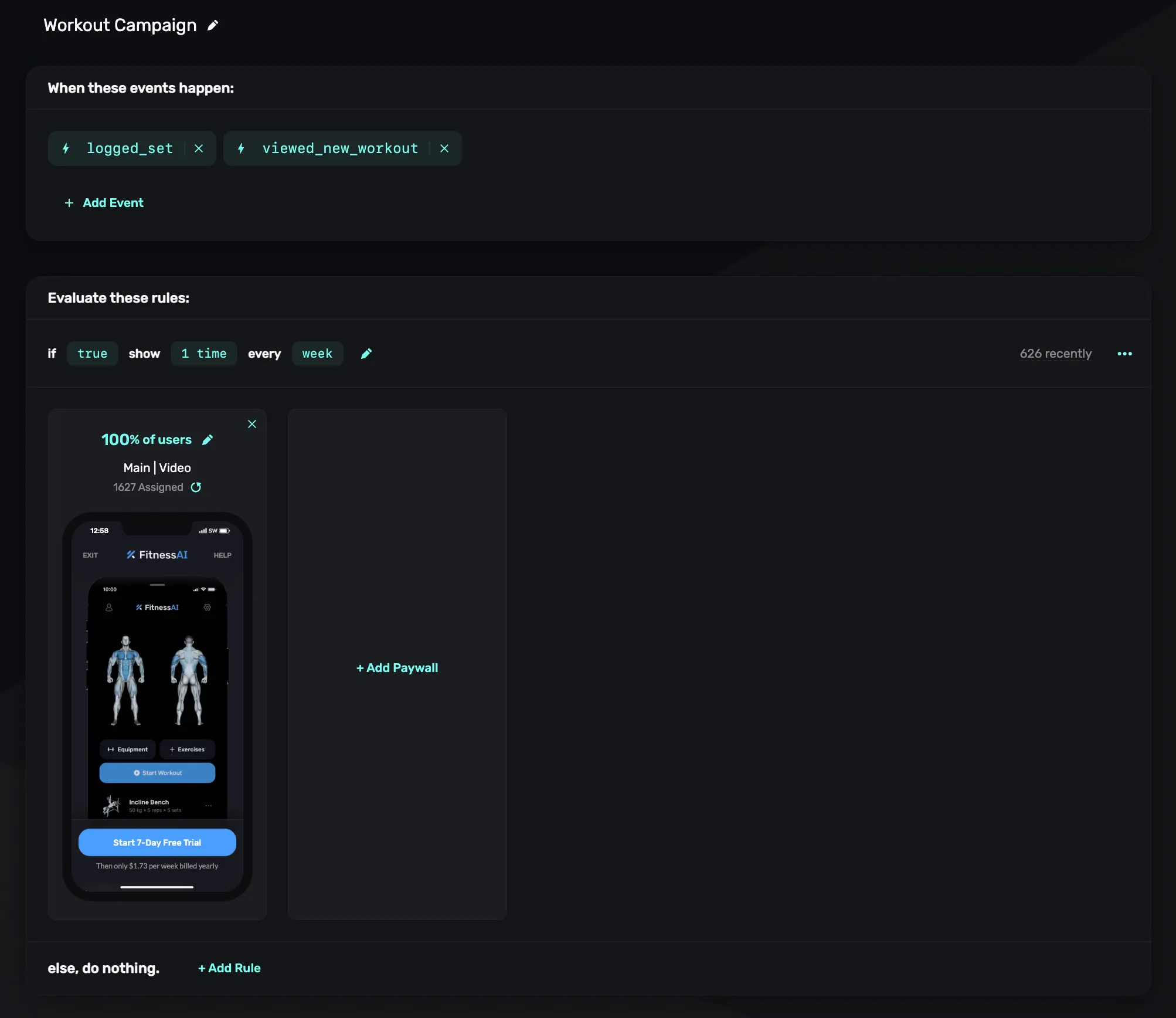 FitnessAI A/B testing two different paywalls triggered when a set is logged or a new workout is viewed