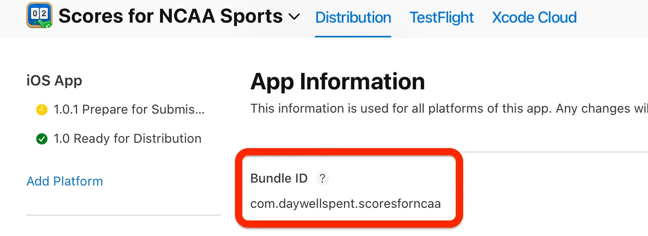 The same bundle ID shown in App Store Connect