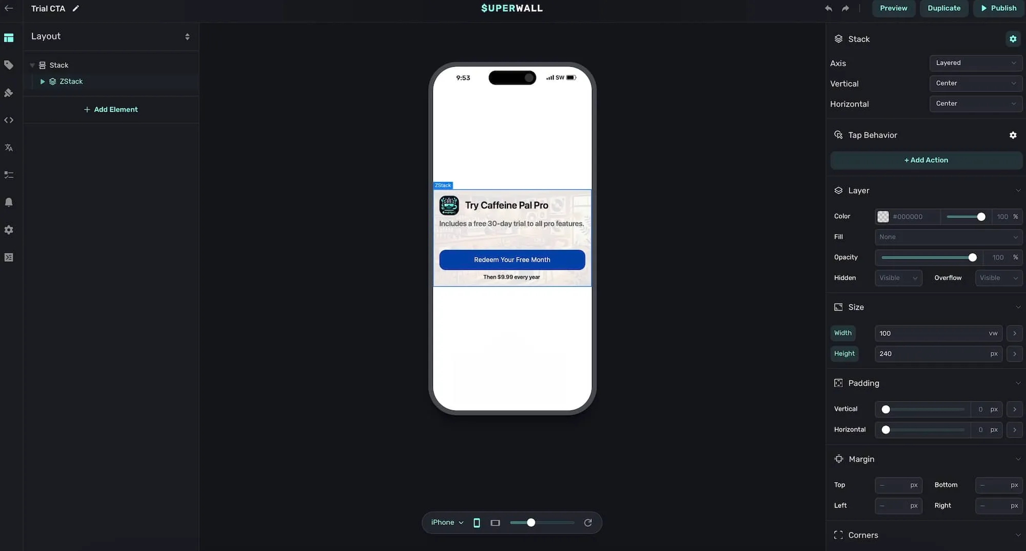 Our call-to-action paywall in the Superwall editor