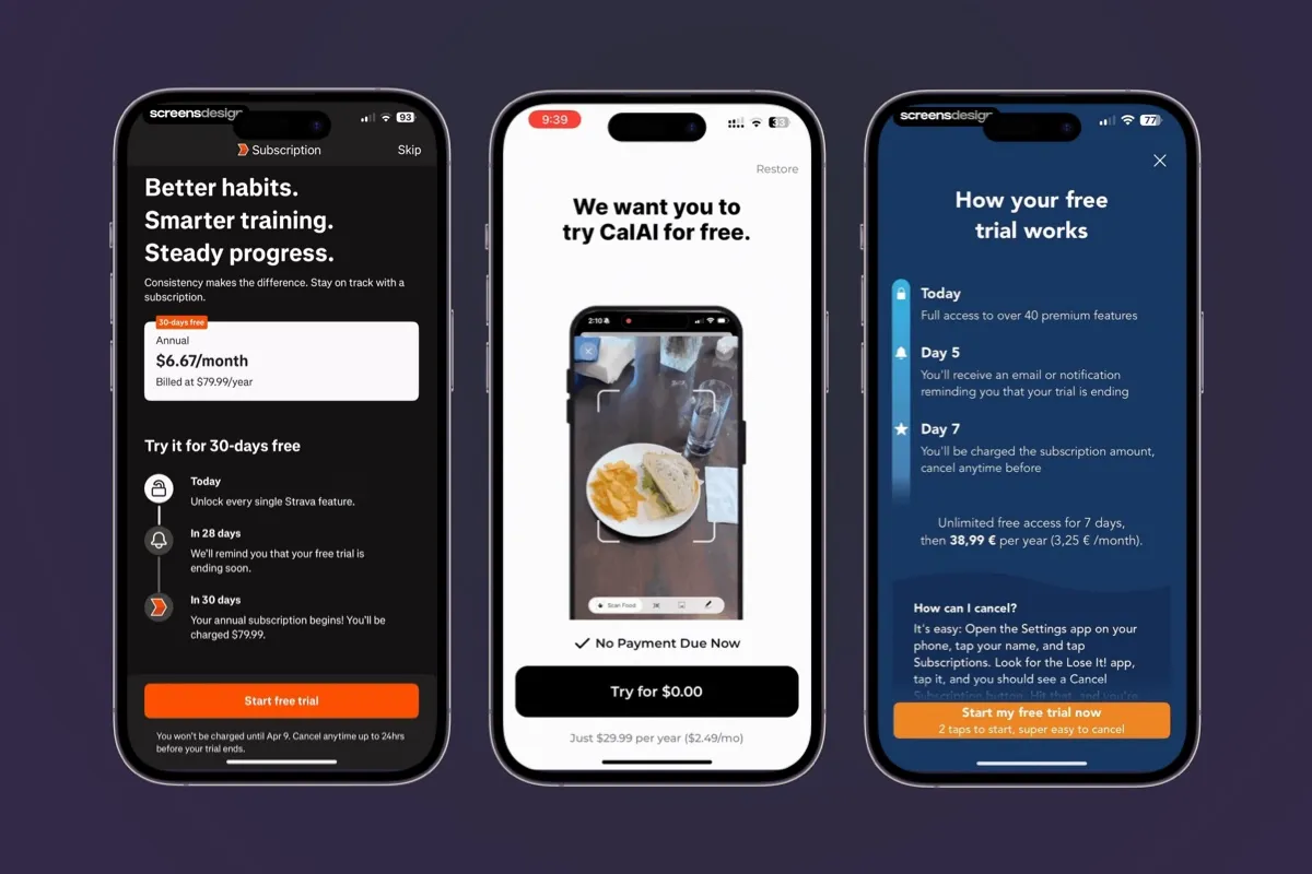 Soft commitment paywall examples from Strava, Cal AI, and Lose It!