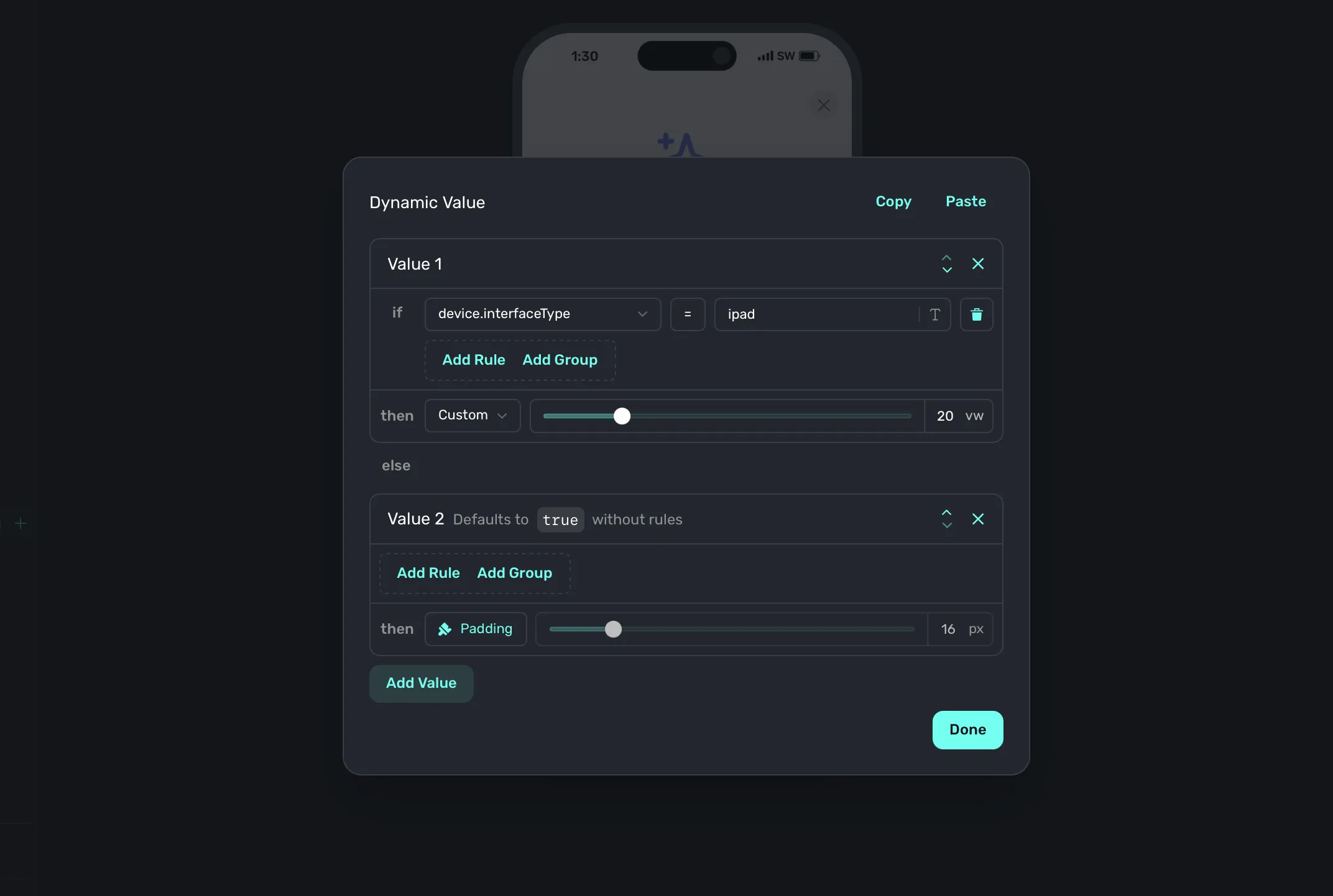 Using dynamic values to adjust padding for iPad devices